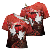 Hawaii and Japan Together Cross Shoulder Shirt Polynesian Art Tattoo With Cranes And Sakura LT05 - Polynesian Pride