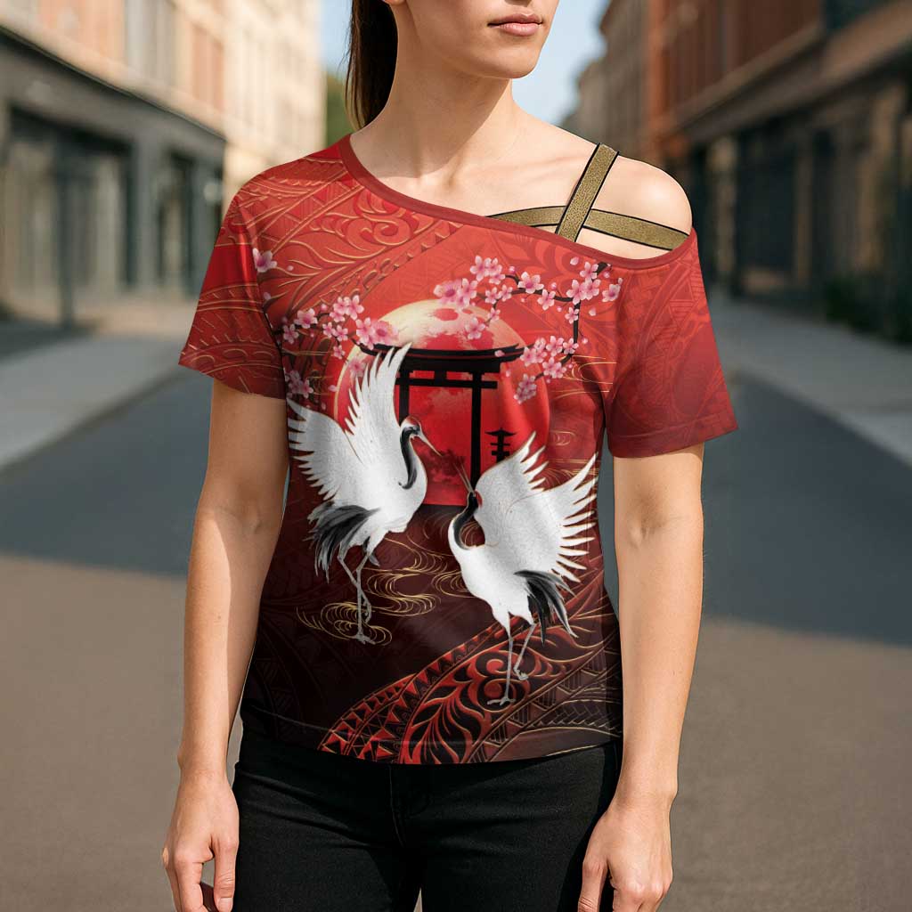 Hawaii and Japan Together Cross Shoulder Shirt Polynesian Art Tattoo With Cranes And Sakura LT05 - Polynesian Pride