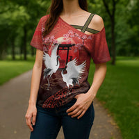 Hawaii and Japan Together Cross Shoulder Shirt Polynesian Art Tattoo With Cranes And Sakura LT05 - Polynesian Pride