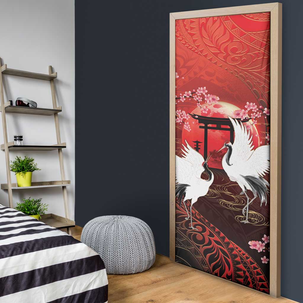 Hawaii and Japan Together Door Cover Polynesian Art Tattoo With Cranes And Sakura LT05 - Polynesian Pride
