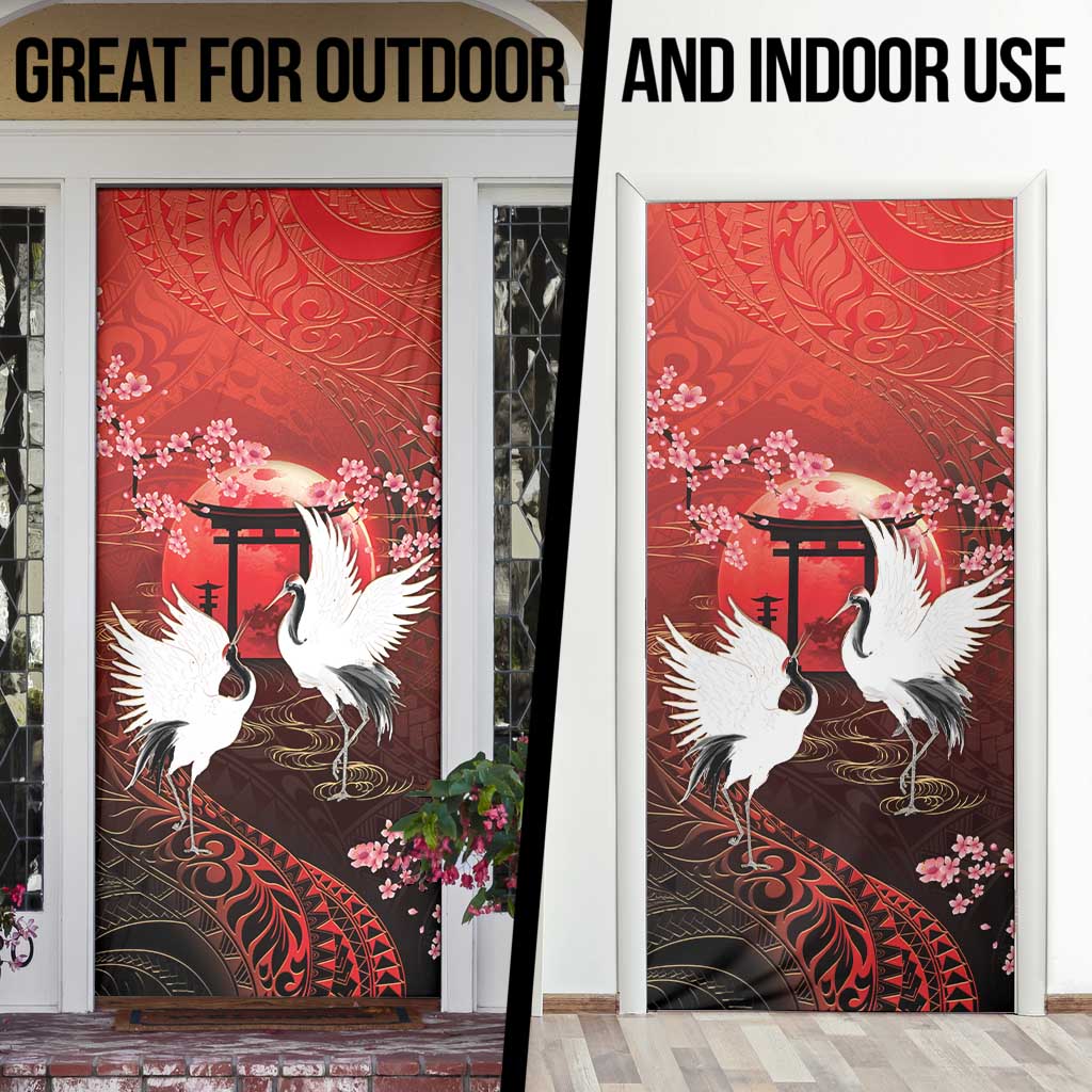 Hawaii and Japan Together Door Cover Polynesian Art Tattoo With Cranes And Sakura LT05 - Polynesian Pride
