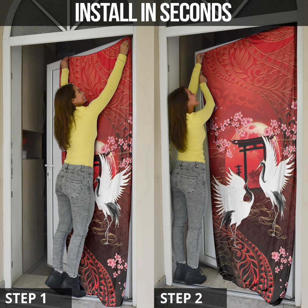 Hawaii and Japan Together Door Cover Polynesian Art Tattoo With Cranes And Sakura LT05 - Polynesian Pride