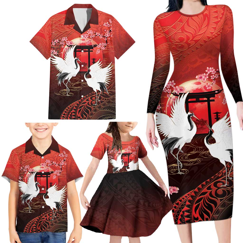 Hawaii and Japan Together Family Matching Long Sleeve Bodycon Dress and Hawaiian Shirt Polynesian Art Tattoo With Cranes And Sakura - Polynesian Pride