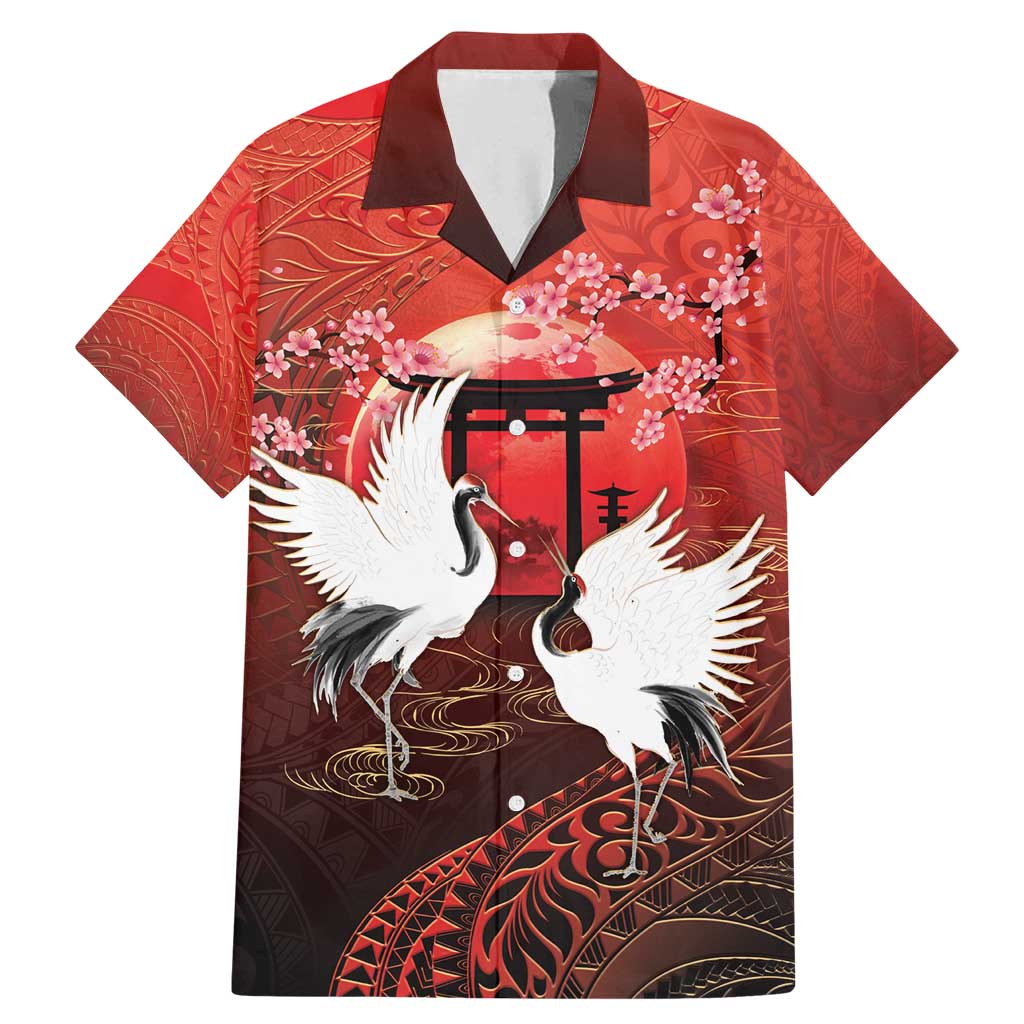 Hawaii and Japan Together Family Matching Mermaid Dress and Hawaiian Shirt Polynesian Art Tattoo With Cranes And Sakura - Polynesian Pride