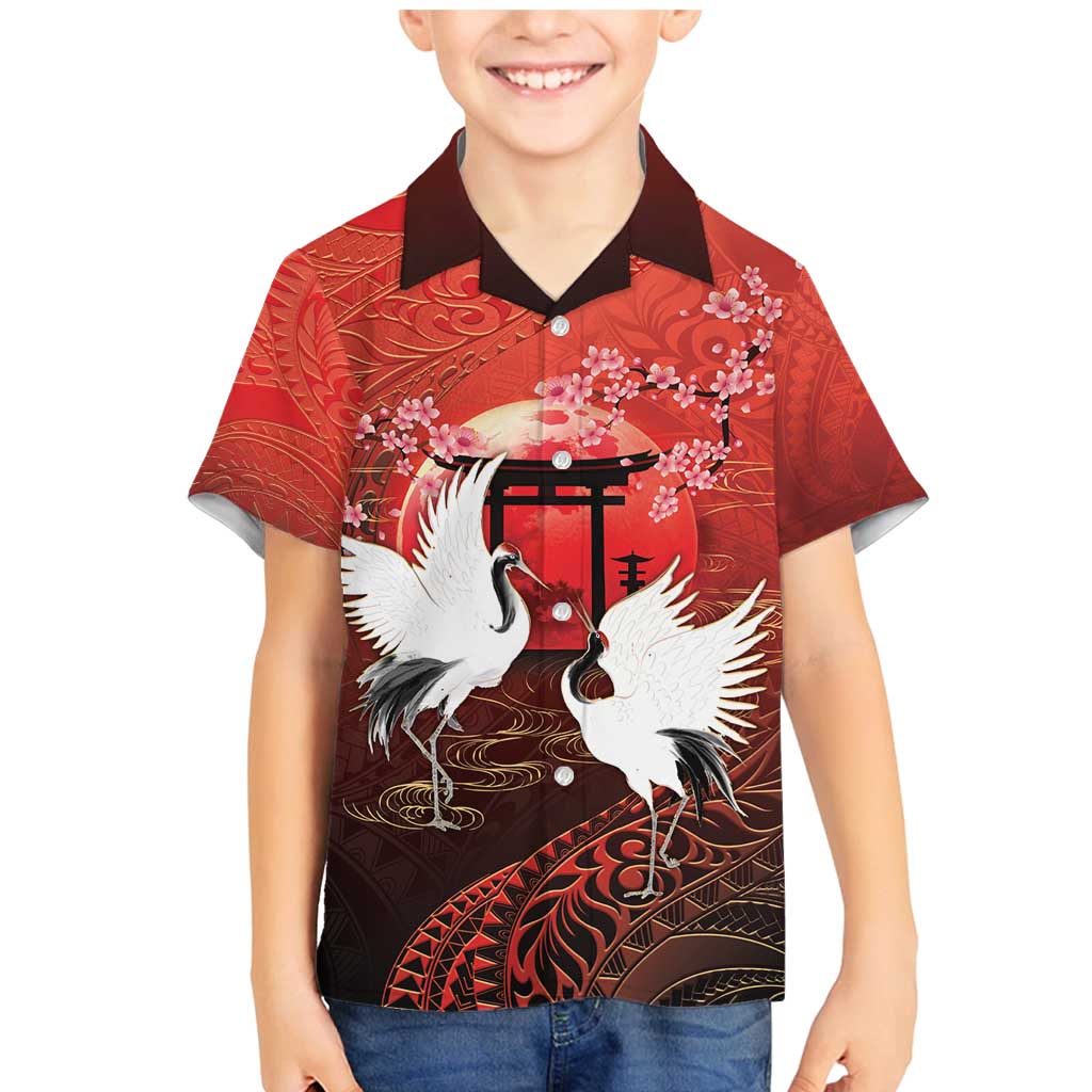 Hawaii and Japan Together Family Matching Mermaid Dress and Hawaiian Shirt Polynesian Art Tattoo With Cranes And Sakura - Polynesian Pride