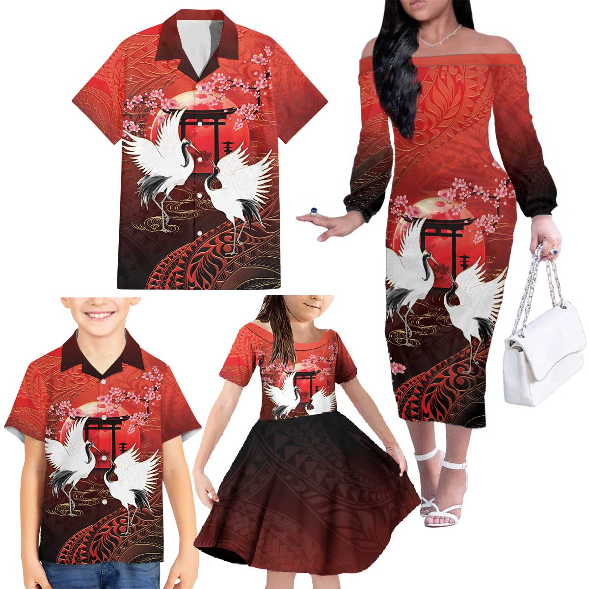 Hawaii and Japan Together Family Matching Off The Shoulder Long Sleeve Dress and Hawaiian Shirt Polynesian Art Tattoo With Cranes And Sakura - Polynesian Pride