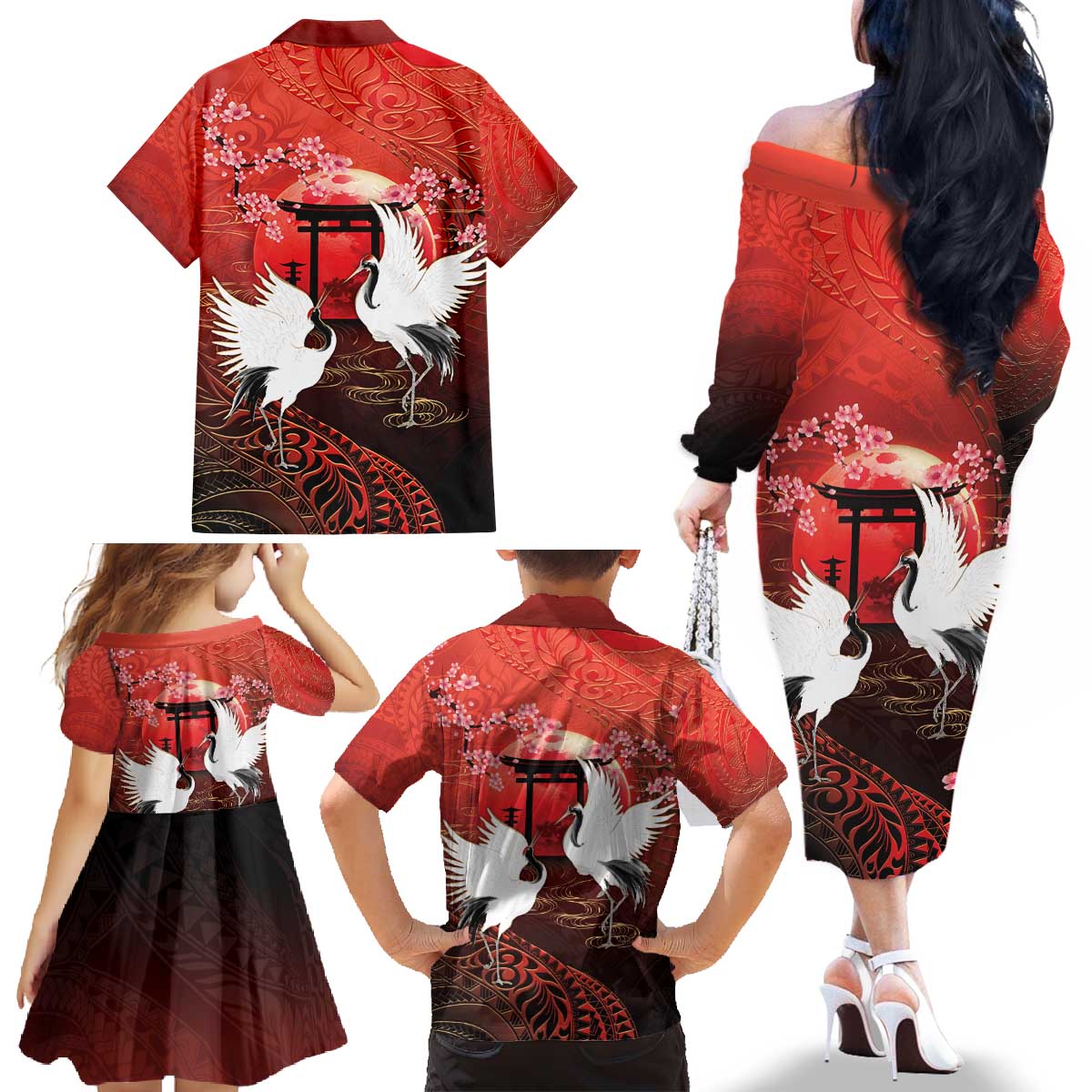 Hawaii and Japan Together Family Matching Off The Shoulder Long Sleeve Dress and Hawaiian Shirt Polynesian Art Tattoo With Cranes And Sakura - Polynesian Pride