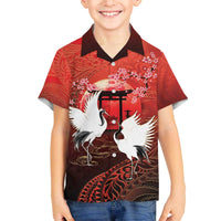 Hawaii and Japan Together Family Matching Off The Shoulder Long Sleeve Dress and Hawaiian Shirt Polynesian Art Tattoo With Cranes And Sakura - Polynesian Pride