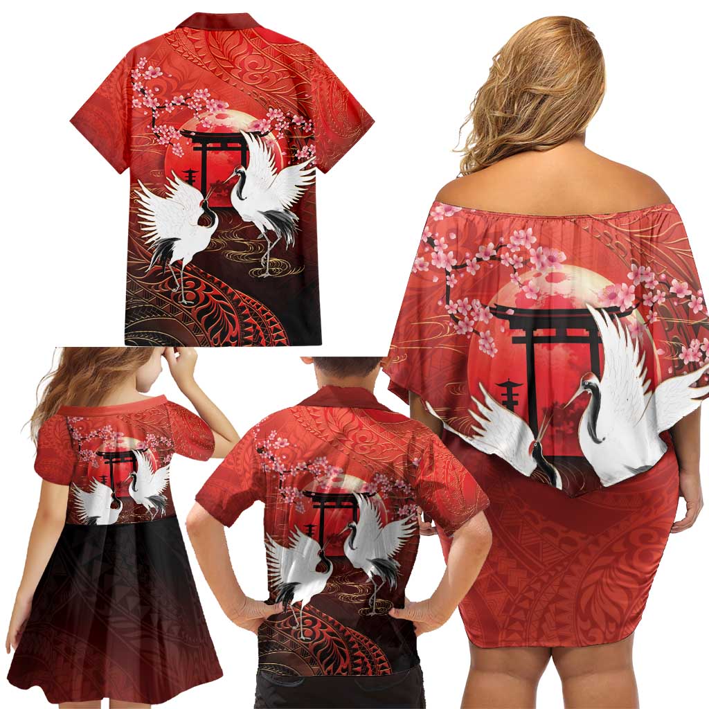 Hawaii and Japan Together Family Matching Off Shoulder Short Dress and Hawaiian Shirt Polynesian Art Tattoo With Cranes And Sakura - Polynesian Pride