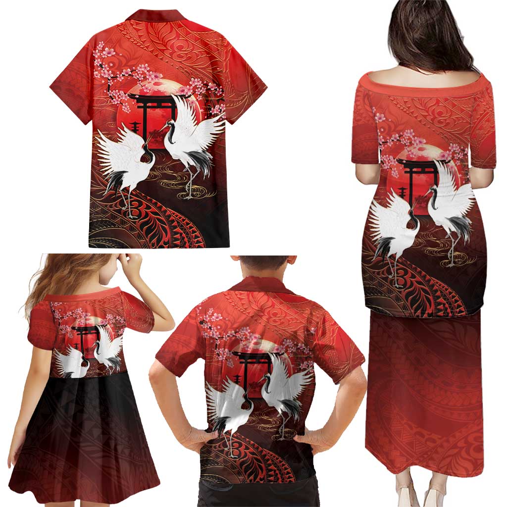 Hawaii and Japan Together Family Matching Puletasi and Hawaiian Shirt Polynesian Art Tattoo With Cranes And Sakura - Polynesian Pride