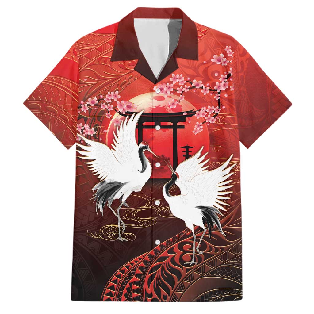 Hawaii and Japan Together Family Matching Puletasi and Hawaiian Shirt Polynesian Art Tattoo With Cranes And Sakura - Polynesian Pride