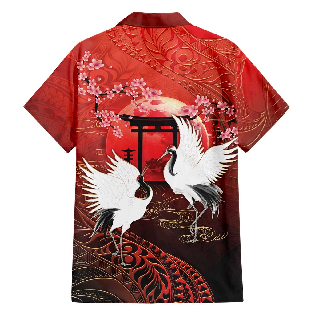 Hawaii and Japan Together Family Matching Puletasi and Hawaiian Shirt Polynesian Art Tattoo With Cranes And Sakura - Polynesian Pride