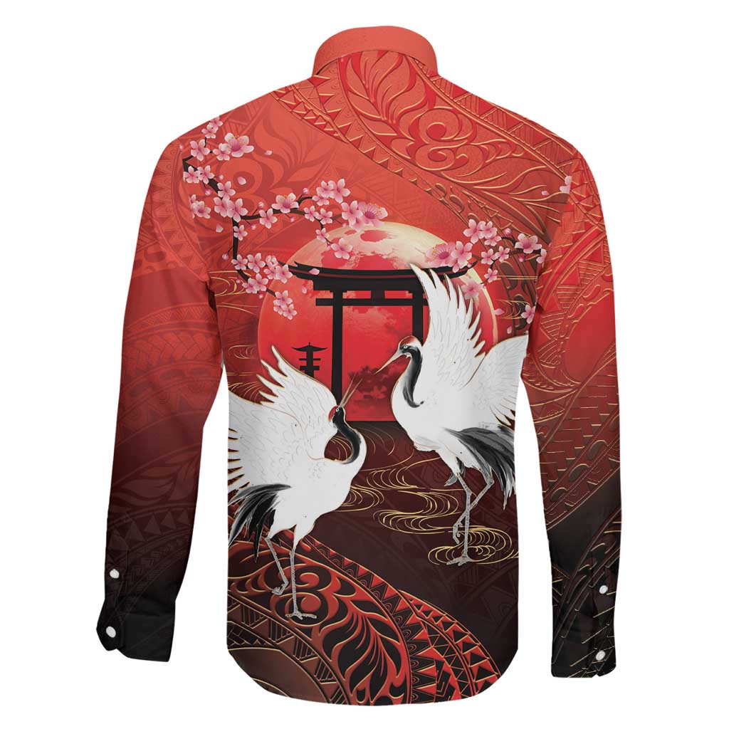 Hawaii and Japan Together Family Matching Puletasi and Hawaiian Shirt Polynesian Art Tattoo With Cranes And Sakura - Polynesian Pride
