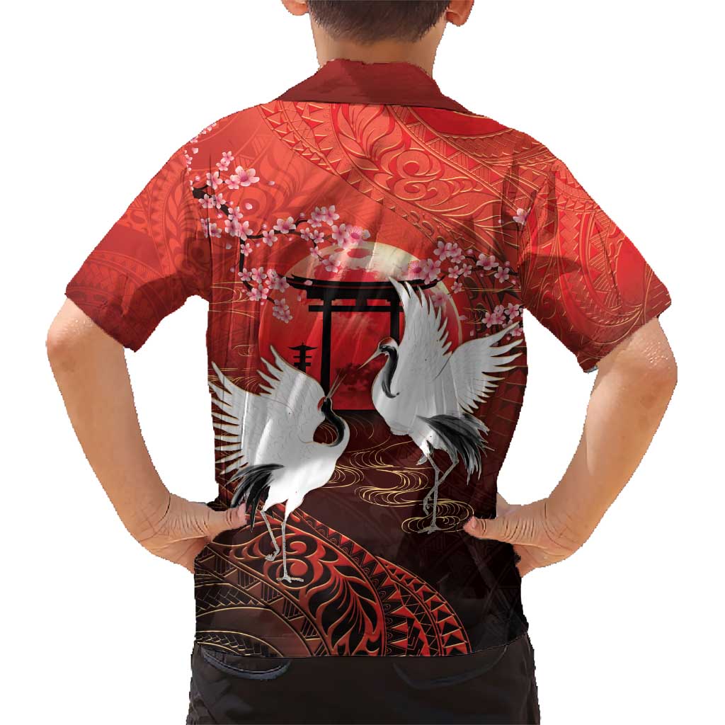 Hawaii and Japan Together Family Matching Short Sleeve Bodycon Dress and Hawaiian Shirt Polynesian Art Tattoo With Cranes And Sakura - Polynesian Pride