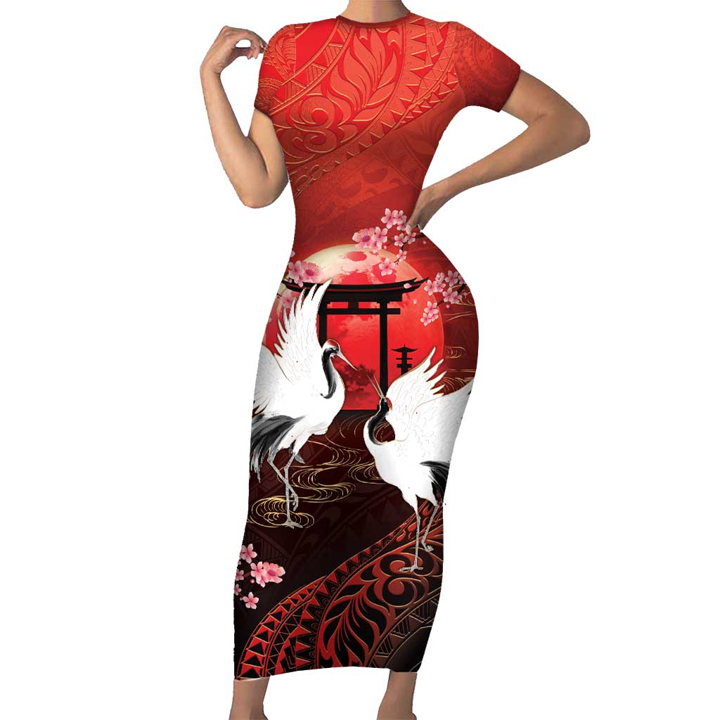 Hawaii and Japan Together Family Matching Short Sleeve Bodycon Dress and Hawaiian Shirt Polynesian Art Tattoo With Cranes And Sakura - Polynesian Pride