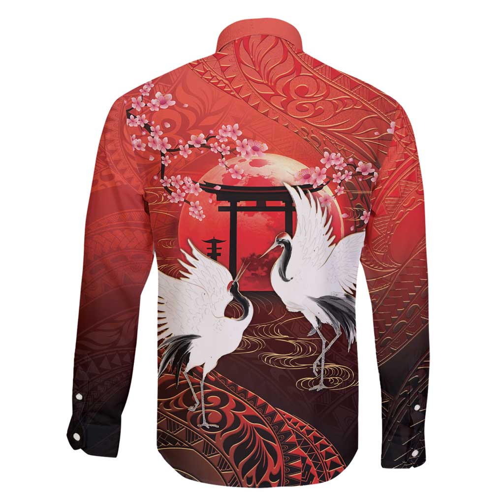 Hawaii and Japan Together Family Matching Tank Maxi Dress and Hawaiian Shirt Polynesian Art Tattoo With Cranes And Sakura - Polynesian Pride