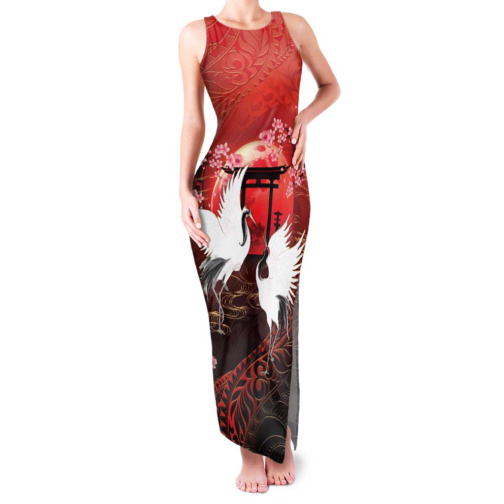 Hawaii and Japan Together Family Matching Tank Maxi Dress and Hawaiian Shirt Polynesian Art Tattoo With Cranes And Sakura - Polynesian Pride