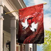 Hawaii and Japan Together Garden Flag Polynesian Art Tattoo With Cranes And Sakura - Polynesian Pride