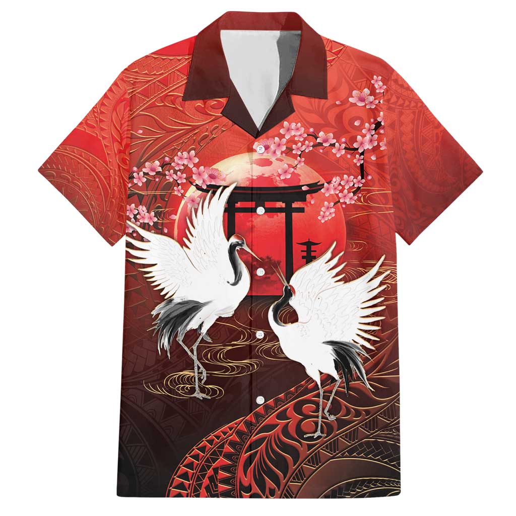 Hawaii and Japan Together Hawaiian Shirt Polynesian Art Tattoo With Cranes And Sakura - Polynesian Pride