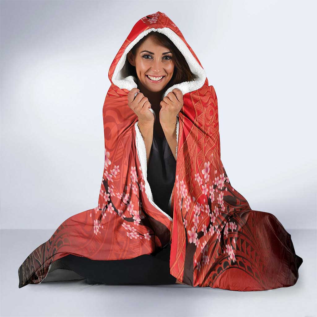 Hawaii and Japan Together Hooded Blanket Polynesian Art Tattoo With Cranes And Sakura LT05 - Polynesian Pride