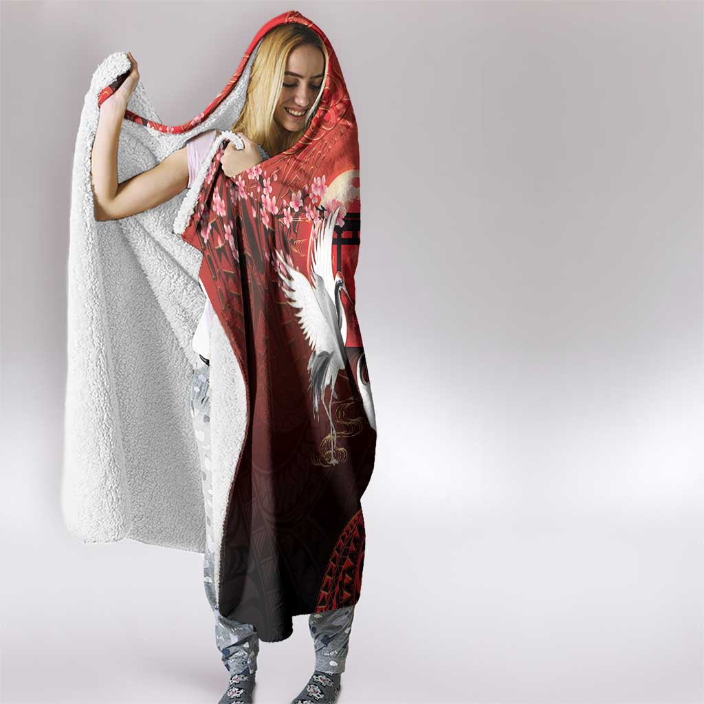 Hawaii and Japan Together Hooded Blanket Polynesian Art Tattoo With Cranes And Sakura LT05 - Polynesian Pride