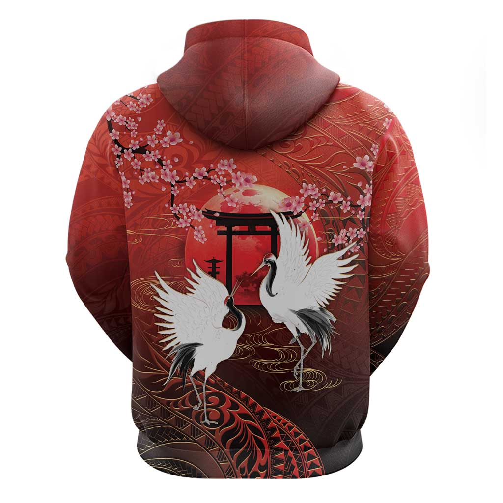 Hawaii and Japan Together Hoodie Polynesian Art Tattoo With Cranes And Sakura - Polynesian Pride