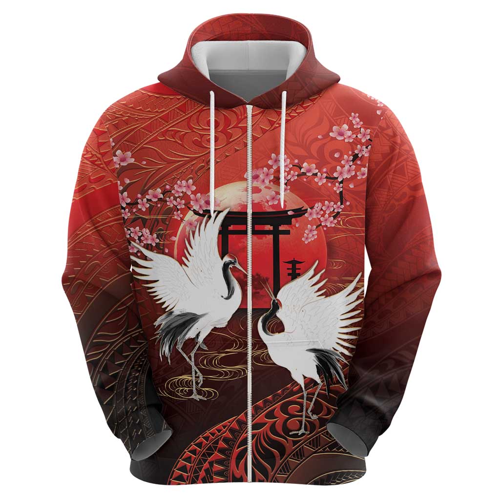 Hawaii and Japan Together Hoodie Polynesian Art Tattoo With Cranes And Sakura - Polynesian Pride