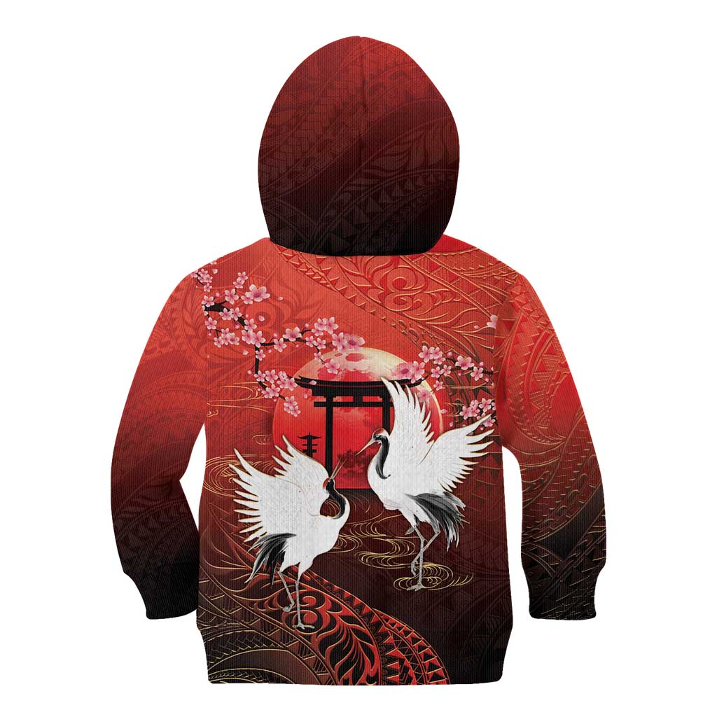 Hawaii and Japan Together Kid Hoodie Polynesian Art Tattoo With Cranes And Sakura - Polynesian Pride