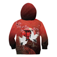 Hawaii and Japan Together Kid Hoodie Polynesian Art Tattoo With Cranes And Sakura - Polynesian Pride