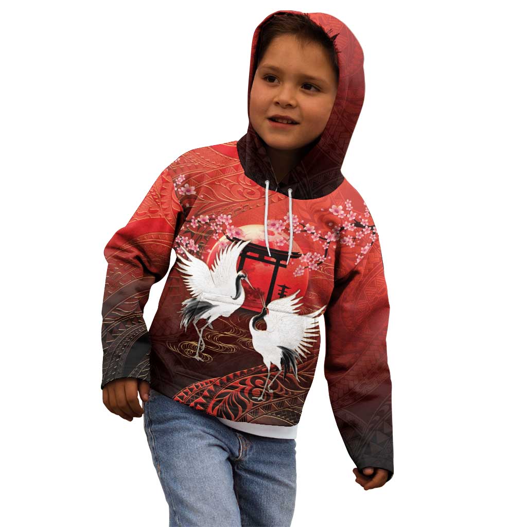 Hawaii and Japan Together Kid Hoodie Polynesian Art Tattoo With Cranes And Sakura - Polynesian Pride
