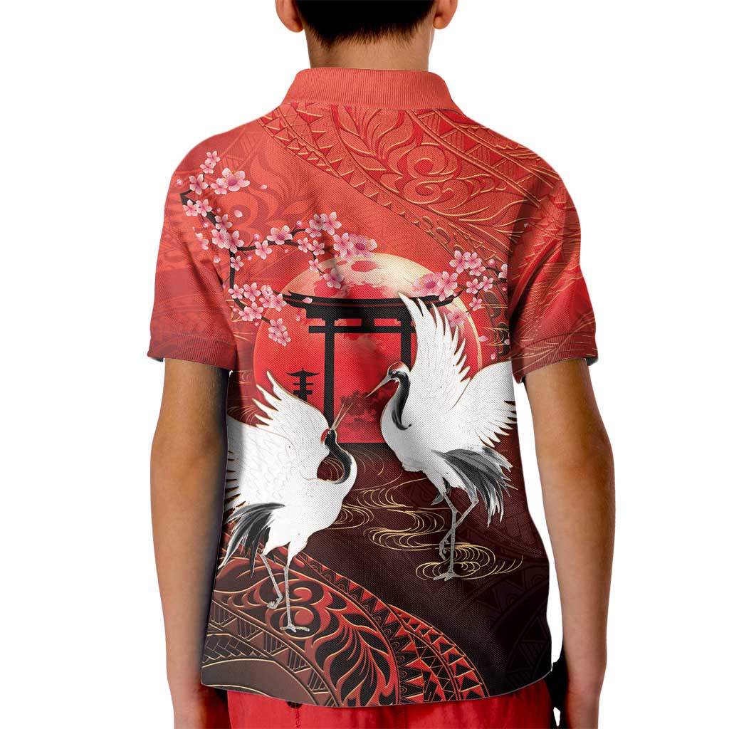 Hawaii and Japan Together Kid Polo Shirt Polynesian Art Tattoo With Cranes And Sakura - Polynesian Pride