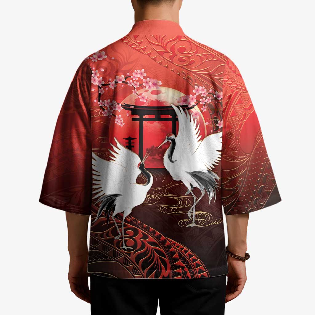 Hawaii and Japan Together Kimono Polynesian Art Tattoo With Cranes And Sakura - Polynesian Pride