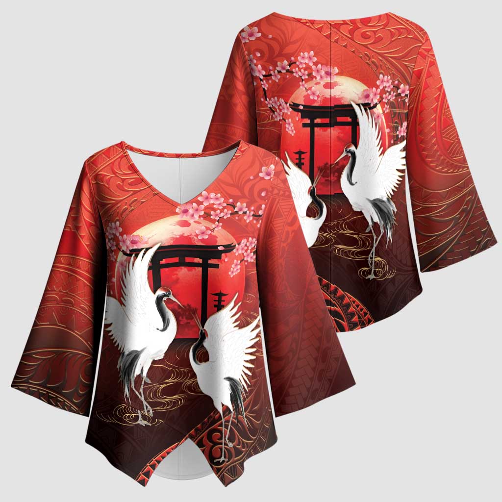 Hawaii and Japan Together Kimono Sleeve Blouse Polynesian Art Tattoo With Cranes And Sakura LT05 - Polynesian Pride