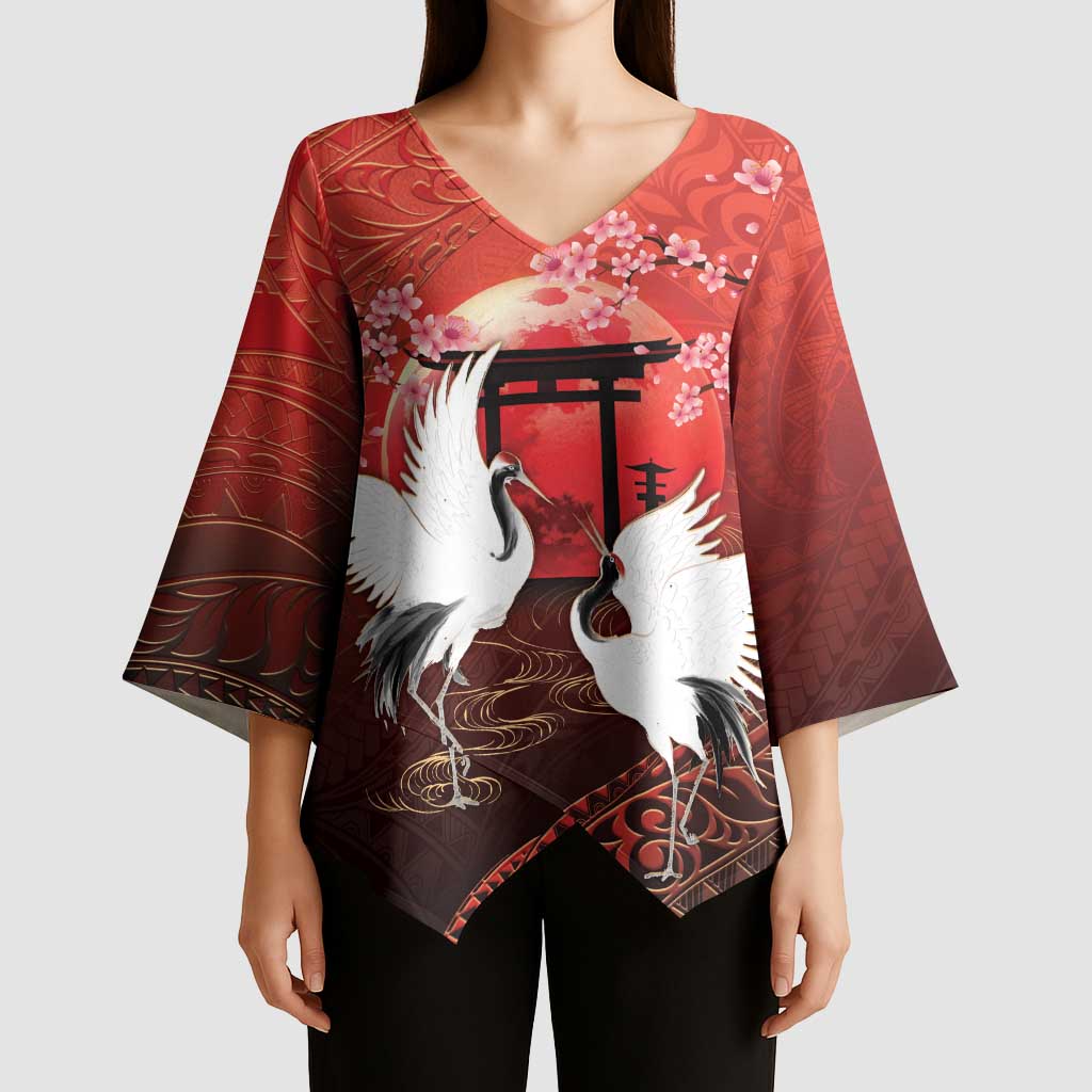 Hawaii and Japan Together Kimono Sleeve Blouse Polynesian Art Tattoo With Cranes And Sakura LT05 - Polynesian Pride