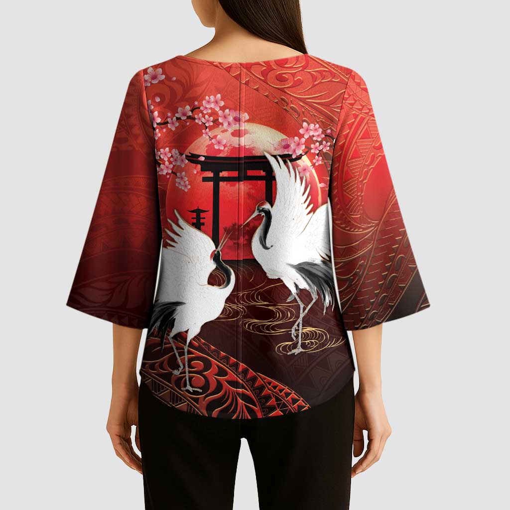 Hawaii and Japan Together Kimono Sleeve Blouse Polynesian Art Tattoo With Cranes And Sakura LT05 - Polynesian Pride