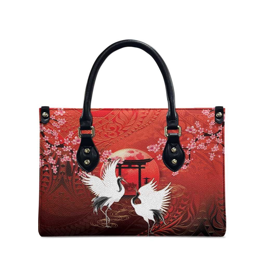 Hawaii and Japan Together Leather Bag Polynesian Art Tattoo With Cranes And Sakura - Polynesian Pride