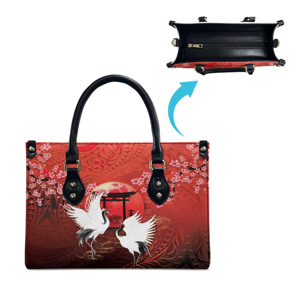 Hawaii and Japan Together Leather Bag Polynesian Art Tattoo With Cranes And Sakura - Polynesian Pride