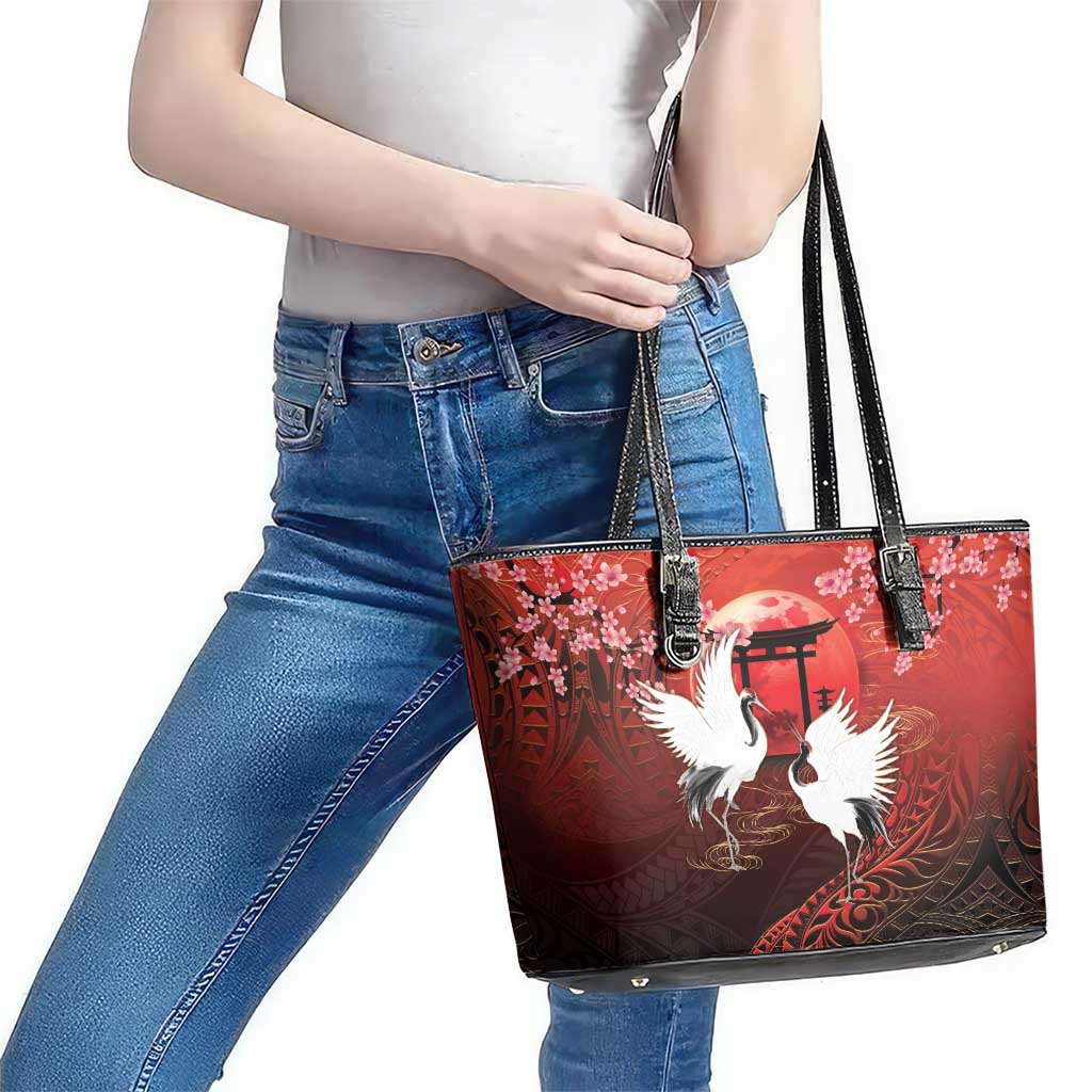 Hawaii and Japan Together Leather Tote Bag Polynesian Art Tattoo With Cranes And Sakura - Polynesian Pride