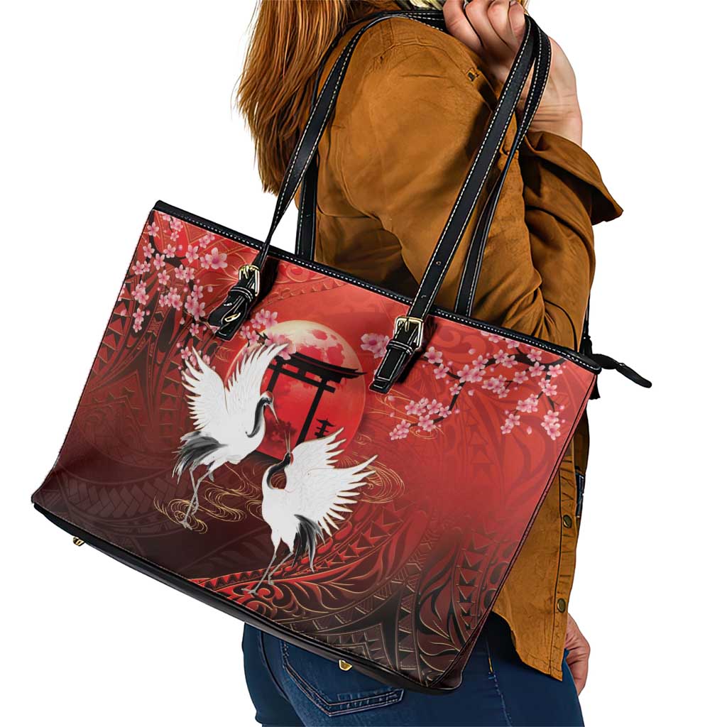 Hawaii and Japan Together Leather Tote Bag Polynesian Art Tattoo With Cranes And Sakura - Polynesian Pride