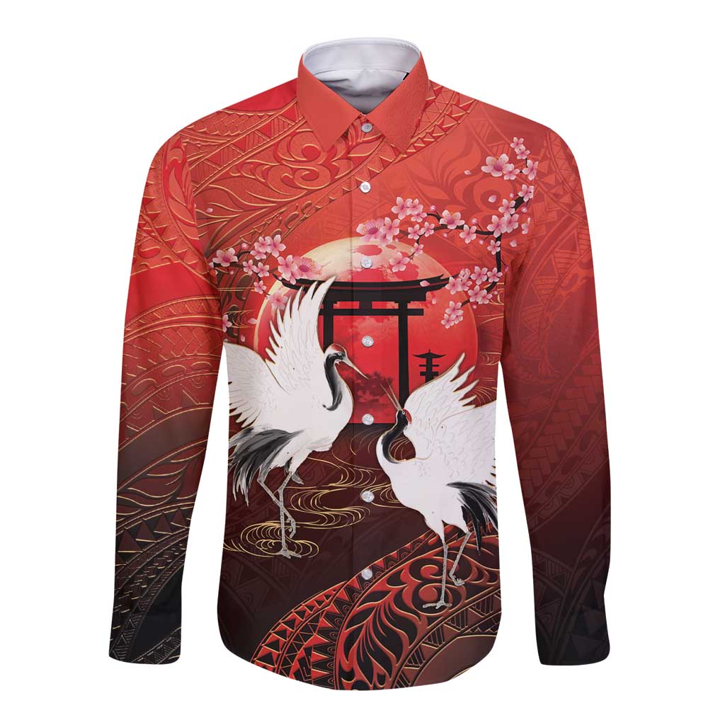 Hawaii and Japan Together Long Sleeve Button Shirt Polynesian Art Tattoo With Cranes And Sakura LT05 Unisex Red - Polynesian Pride