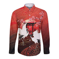 Hawaii and Japan Together Long Sleeve Button Shirt Polynesian Art Tattoo With Cranes And Sakura LT05 Unisex Red - Polynesian Pride