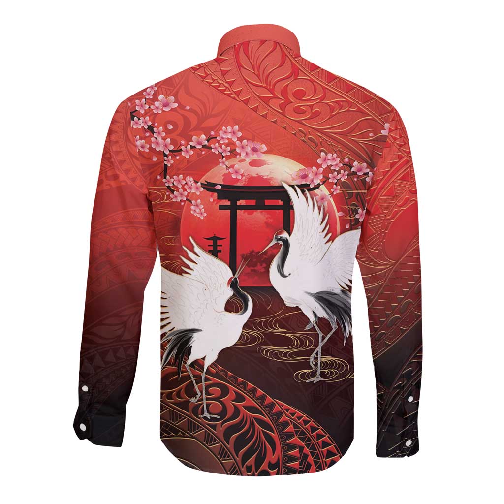 Hawaii and Japan Together Long Sleeve Button Shirt Polynesian Art Tattoo With Cranes And Sakura LT05 - Polynesian Pride
