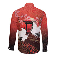 Hawaii and Japan Together Long Sleeve Button Shirt Polynesian Art Tattoo With Cranes And Sakura LT05 - Polynesian Pride