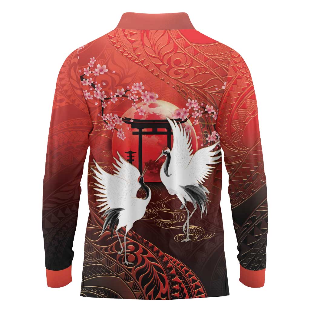 Hawaii and Japan Together Long Sleeve Polo Shirt Polynesian Art Tattoo With Cranes And Sakura LT05 - Polynesian Pride