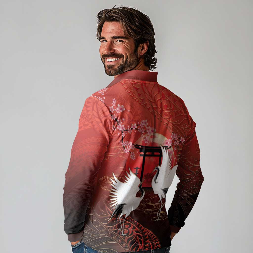 Hawaii and Japan Together Long Sleeve Polo Shirt Polynesian Art Tattoo With Cranes And Sakura LT05 - Polynesian Pride