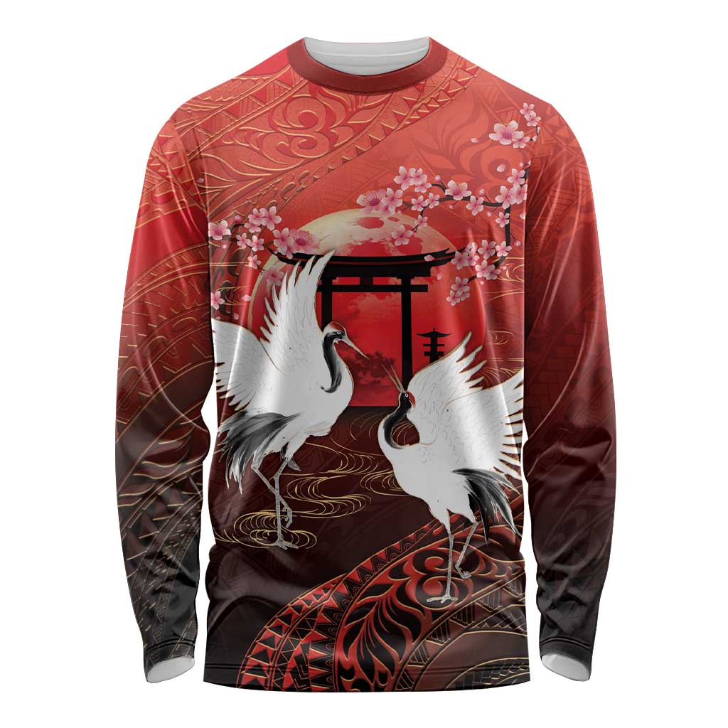 Hawaii and Japan Together Long Sleeve Shirt Polynesian Art Tattoo With Cranes And Sakura LT05 Unisex Red - Polynesian Pride