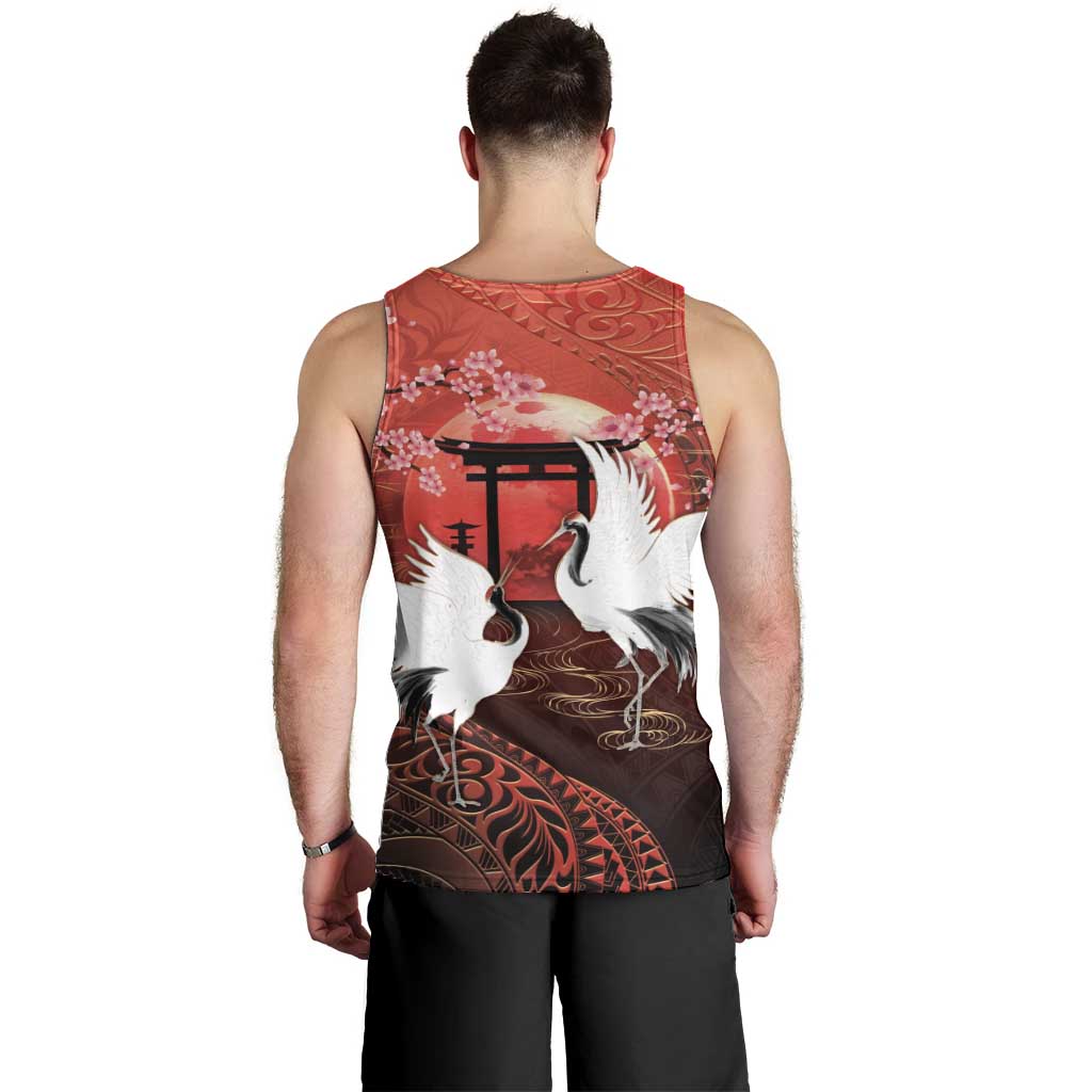 Hawaii and Japan Together Men Tank Top Polynesian Art Tattoo With Cranes And Sakura LT05 - Polynesian Pride