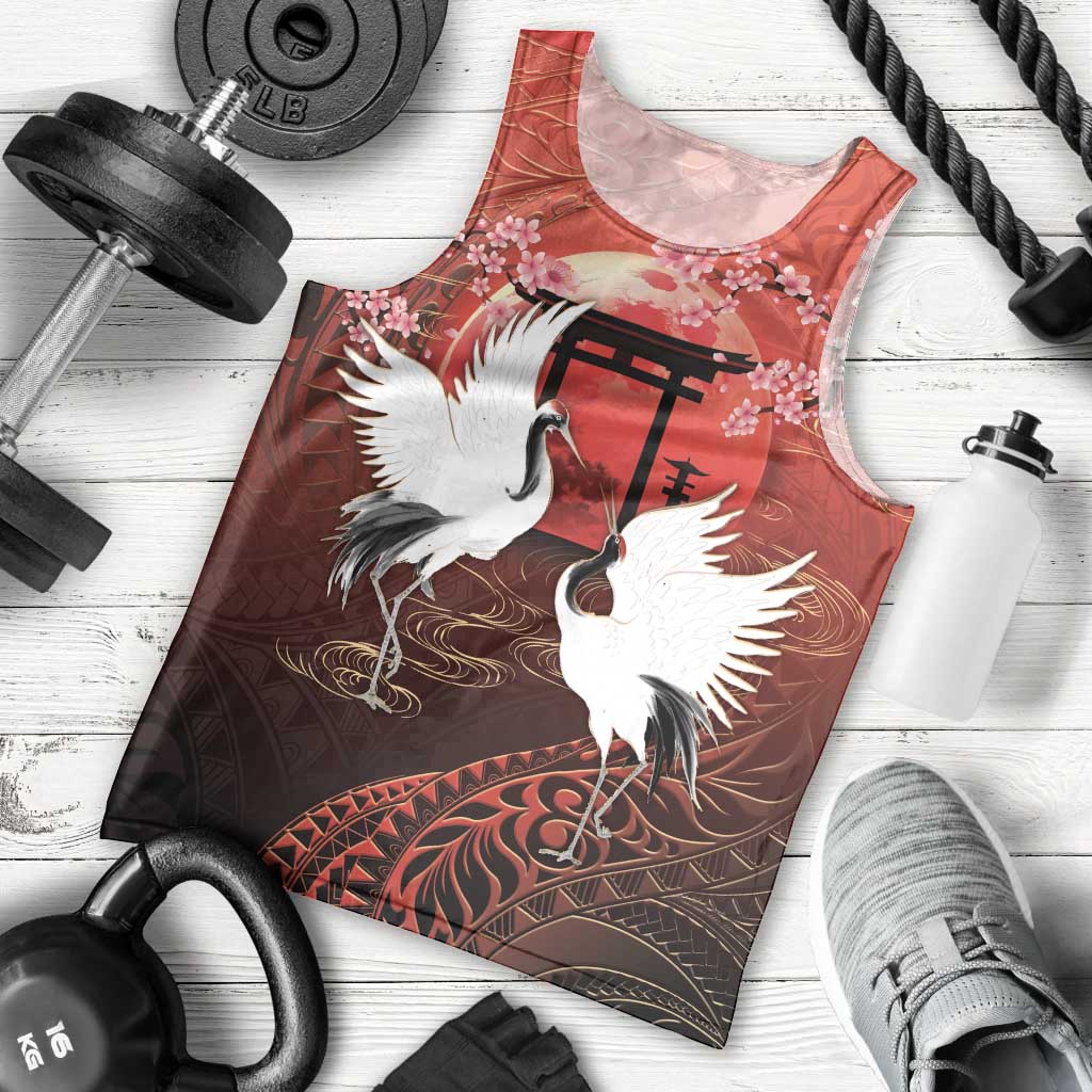 Hawaii and Japan Together Men Tank Top Polynesian Art Tattoo With Cranes And Sakura LT05 - Polynesian Pride