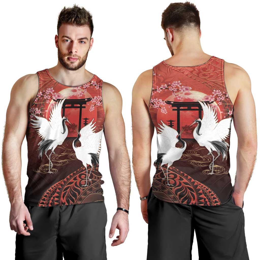 Hawaii and Japan Together Men Tank Top Polynesian Art Tattoo With Cranes And Sakura LT05 - Polynesian Pride