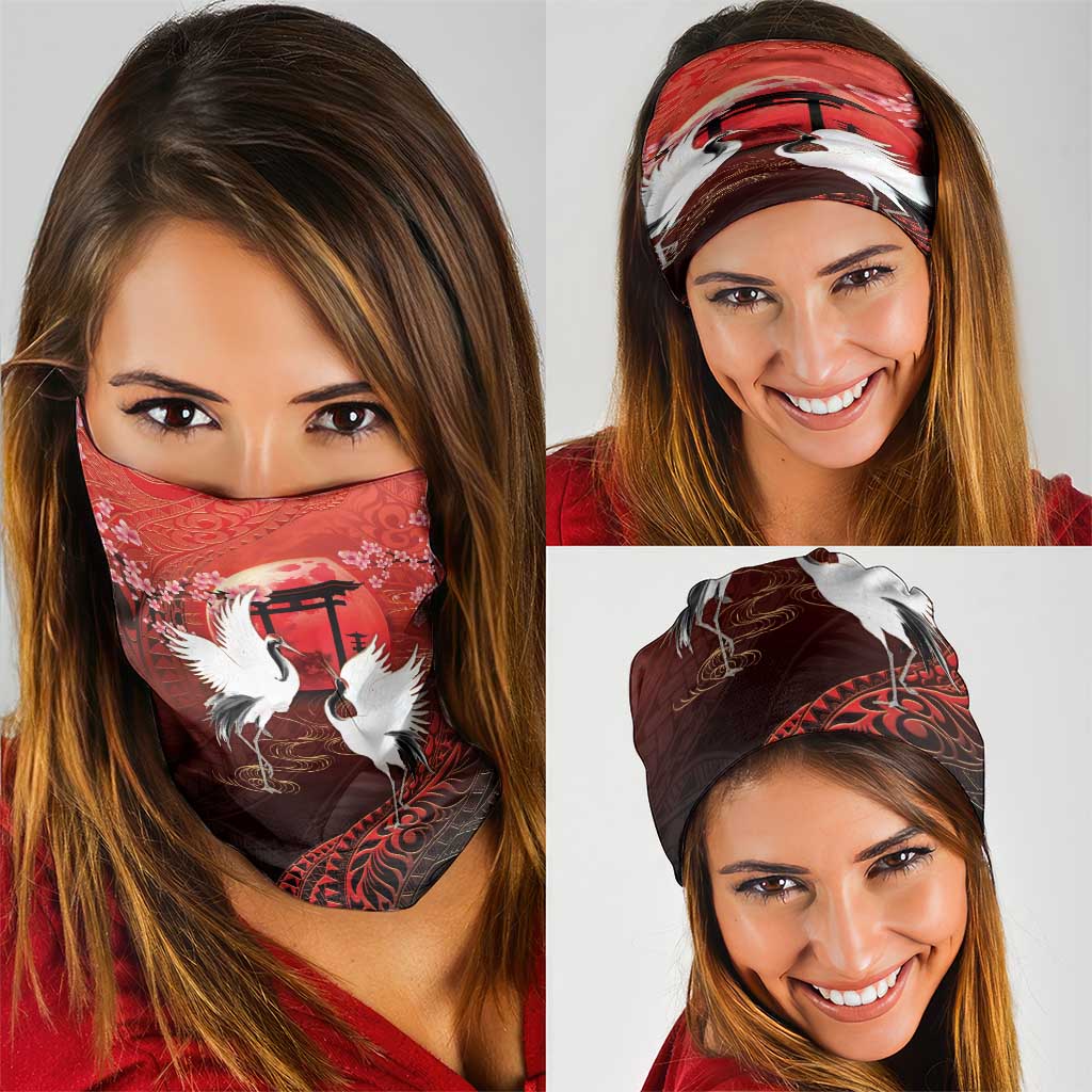 Hawaii and Japan Together Neck Gaiter Polynesian Art Tattoo With Cranes And Sakura LT05 - Polynesian Pride